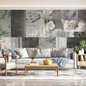 Carta Adesiva Ecologica in Seta Impermeabile Facile da Applicare Fai-da-Te Rivestimento Murale Effetto Cemento con Motivi di Erba Verde, Fiori e <span class=keywords><strong>Farfalle</strong></span> - Product Image 1