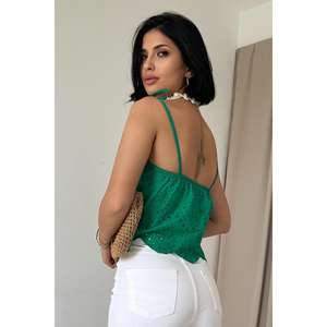 Blusa de Moda para Mujer al por Mayor, Verde, con Cordones, Bordada, Talla XL, Corte Holgado, Estampado Floral 3D, Tejido de Algodón para Primavera - Product Image 1