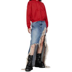 กระโปรงยีนส์แม็กซี่สีน้ำเงินแบบทำสีซีดขอบรุ่ย ทรงเอ สมมาตร แต่งดีเทลขาดๆ สำหรับผู้หญิง - Product Image 5