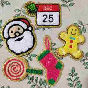 New Iron on Gold Edge Chenille Embroidered Christmas Boots Hat Candy Canes Santa Reindeer Patch - Product Image 2