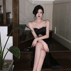 Hepburn Senior <span class=keywords><strong>sensuale</strong></span> abito <span class=keywords><strong>nero</strong></span> con spacco senza schienale abito da sera per festa estiva - Product Image 2