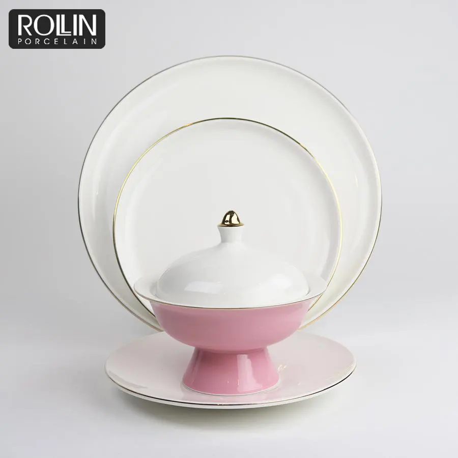 Conjunto de placas de cerâmica modernas, restaurantes, porcelana vitrificada de alta qualidade, jantar, louça de jantar, aro dourado, prato de beleza