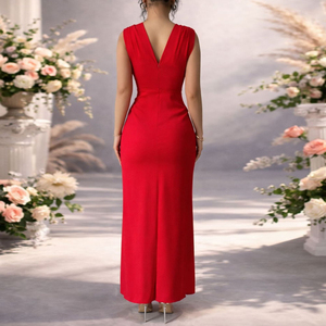 Elegant V-Neck Side Slit Pleated Waist <strong>Dress</strong> Maxi Evening <strong>Dress</strong> Gown Ball <strong>Dress</strong> - Product Image 2