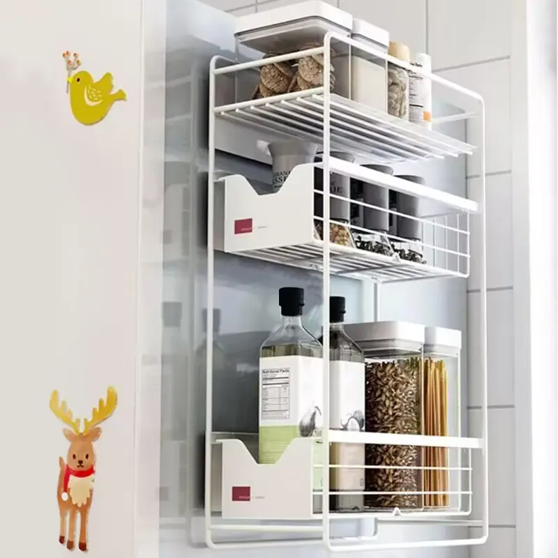 Металлический 2 яруса, 3 яруса, органайзер для специй, раздвижная кухонная Магнитная стойка для холодильника, боковая стойка для хранения вещей для стиральной машины