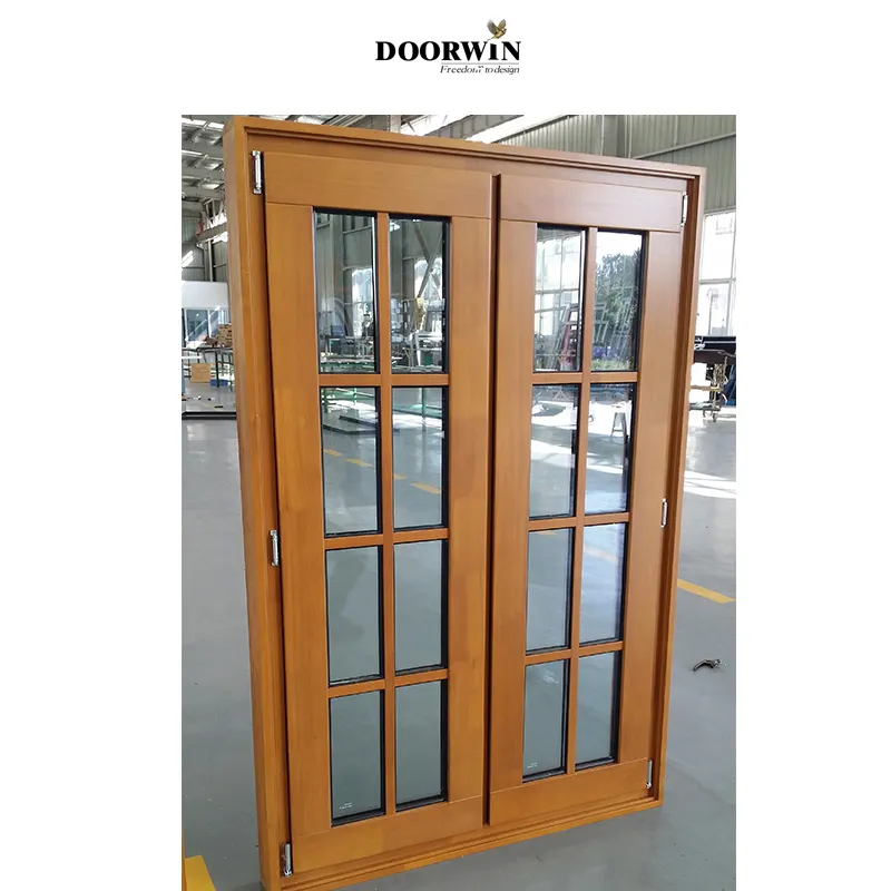 Doorwin Modern Design Franse Modellen Afmetingen Effen Houten Boog Teak Hout Aluminium-Hout Beklede Openslaande Ramen