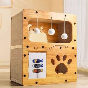 بيت حيوان أليف مموج 2 في 1 متين لخدش القطط بني داخلي مع لوح خدش للقطط مصنوع من الخشب والورق - Product Image 2