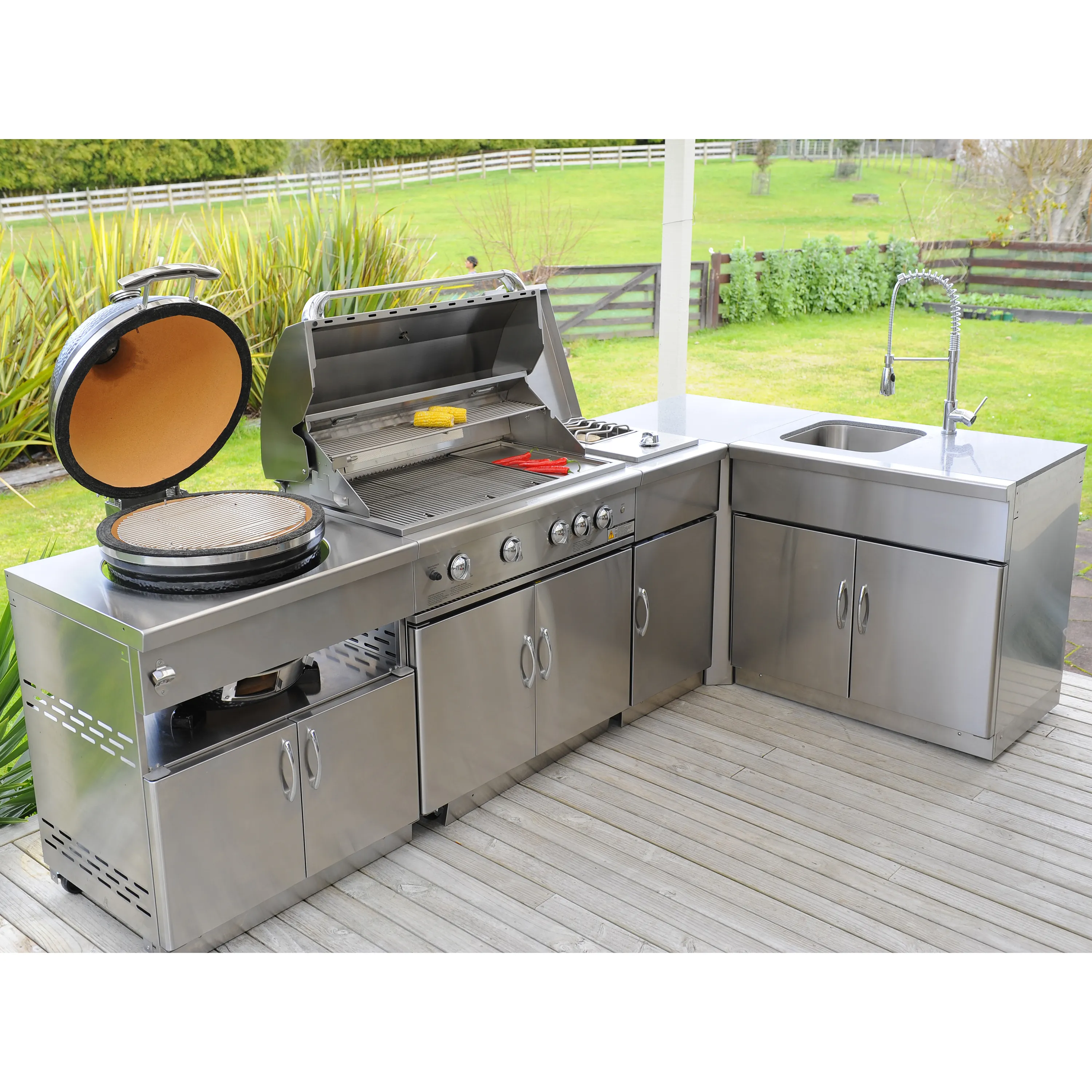 Large Outdoor Stainless Steel Commercial Gas Grill Combined Rotating BBQ Grill Outdoor Kitchen