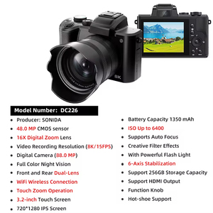 Professional DC226 88MP 4K <strong>Digital</strong> <strong>Camera</strong> 3.2inch IPS Screen 16X Zoom Photo Video Record Mini Compact DSLR Cameras for Vlogging - Product Image 4