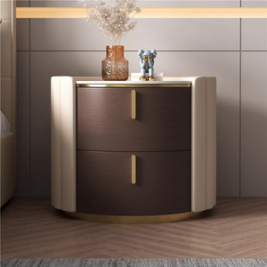 Table de chevet en bois massif ronde de luxe légère, style minimaliste, design haut de gamme, en cuir et en pierre - Product Image 1