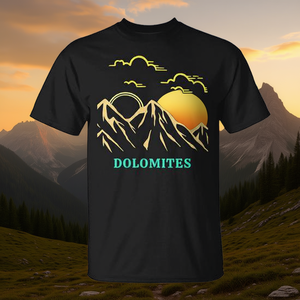T-shirt Dolomites Mountains Sunset pour adulte, unisexe, imprimé noir et or - Product Image 1