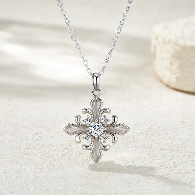 Minimalist Luxury S925 Silver Flower Geometry Iris Necklace Bezel Setting Moissanite Collarbone Chain Cross Jewelry GRA