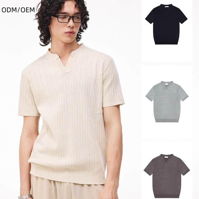 Premium Old Money Style Minimalist Solid Color V Neck Ribbed Knit Short Sleeve Top for Men Business Casual and Daily Wear