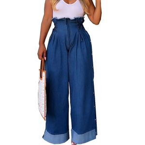 Women's High Waist Straight Jeans Casual Tie <b>Rope</b> Button Stretch Wide Leg Pants Fashion - Product Image 6