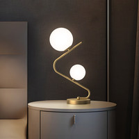 Lámpara de Mesa Moderna Nórdica de Cobre con Doble Globo y Base para Bombilla E14, Diseño Simple y Flexible, Lámpara de Noche con Bola de Cristal para Dormitorio