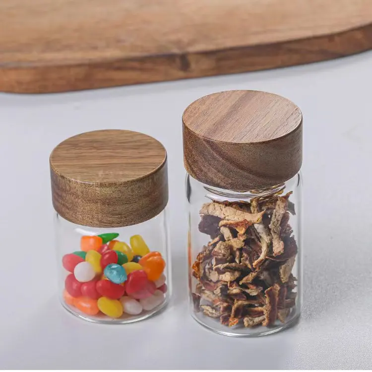 Wholesale High Borosilicate Airtight Glass Spice Jar With Wooden Lid Kitchen Dried Fruit Food Grains Storage Glass Jars