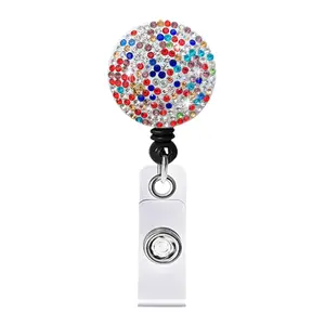 ID Card Badge Holder Reels with Clip Name Reel Office School Supplies Round colored rhinestone Retractable Lanyard Badge Holder