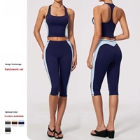 Set Yoga Wanita 2 Potong Warna-Warni Patchwork, Legging Capri Pinggang Tinggi, Sport Bra Racerback, Pakaian Olahraga Pengangkat Bokong