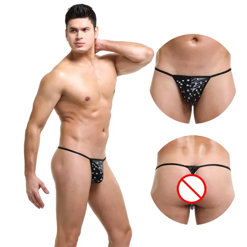 Roupa interior masculina sexy cintura baixa, roupa íntima sensual com imitação de estrelas e couro