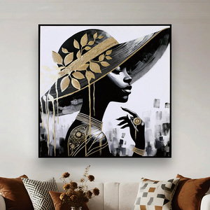 Dipinto Murale Moderno ed Elegante con Signora <span class=keywords><strong>e</strong></span> Cappello con Foglia d'Oro, Ritratto Astratto in <span class=keywords><strong>Bianco</strong></span> <span class=keywords><strong>e</strong></span> <span class=keywords><strong>Nero</strong></span> per Arredamento di Lusso - Product Image 2
