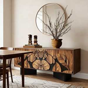 Mobile TV in Legno Massello Vintage JINXI, Mobile da Ingresso, Scarpiera Stile Wabi-Sabi, Credenza <span class=keywords><strong>con</strong></span> Intaglio a Foglia in Rilievo - Product Image 5