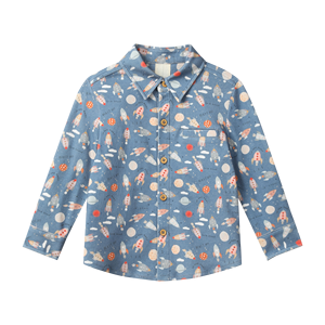 เสื้อเชิ้ตเด็กชายแขนยาวคอตั้งลายการ์ตูนสไตล์ลำลองสำหรับฤดูใบไม้ร่วง ผลิตจากผ้าฝ้ายเนื้อนุ่มสบาย ขายส่งเสื้อเด็ก - Product Image 1