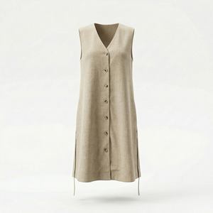 Sostenibile Eco Friendly lino-misto tinta unita scollo a V senza maniche abbottonatura posteriore abito per <span class=keywords><strong>donna</strong></span> abbigliamento da lavoro abbigliamento <span class=keywords><strong>Online</strong></span> all'ingrosso - Product Image 2