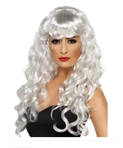 Hot Sell Long Gray White Body Wave Wig with Bangs Woman Fashion Wigs factory price for Costume Theme Party Halloween