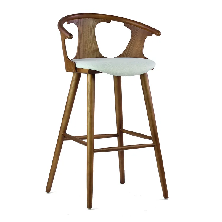 Antik stil katı bükülmüş ahşap bar taburesi hollow kavisli döşemeli kumaş yüksek bacak yemek masası bar sandalyesi