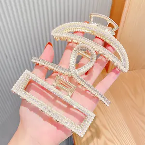 Groothandel Trendy Kristal Diamant Bling En Parel Kralen Haar Klauw Clip Vrouwen Grote Gouden Metalen Haar Klauw Klem Voor Vrouwen Meisjes