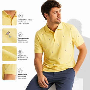 Camisa Polo Personalizada para Hombre, Amarilla, Bordada, Manga Corta, Algodón Piqué, Casual, Cierre de Botones, Diseño de Dibujos Animados, Corte Regular - Product Image 1