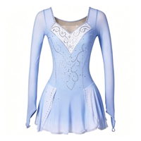 Robe de patinage artistique dégradé bleu clair, col en V, maille ornée de strass, manches longues, dos profond, nœud, jupe asymétrique pour adultes et enfants
