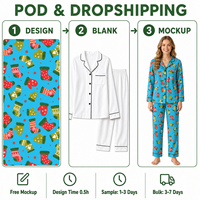 Ensemble pyjama personnalisé de Noël bleu avec col cranté et mitaines, en polyester, pour femme, POD, MOQ 1 pièce, Dropshipping