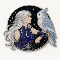 En gros, Pin's de revers en émail 2D à paillettes, design Femme Fantaisie, Phénix, Hibou, Étoile, Lune, en alliage de zinc plaqué argent, cadeau personnalisé