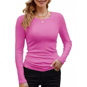 Camiseta Básica de Manga Larga para Mujer, Cuello Redondo, Ajustada, Color Sólido, Hecha de Tela de Rayón Acanalado Cómoda - Product Image 4