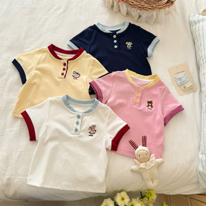 Baby Girls Cotton Henley Collar Short Sleeve T-Shirt Breathable Color Block Summer Top - Product Image 1