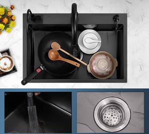 Évier de cuisine intelligent moderne en acier inoxydable 304 noir, soudé, de forme carrée, avec surface nano, adapté à la maison - Product Image 5