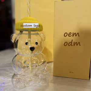 अनुकूलित कॉफी ब्रांड लोगो पीले टेडी भालू के आकार ग्लास कप के साथ पुआल पुनः प्रयोज्य ठंडे पेय कप कॉफी मग - Product Image 2