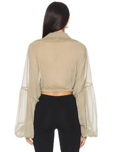 Chemisier en mousseline de soie unie à dentelle pour femme, style vintage doux, printemps, ODM, fin, coupe décontractée, transparent, Y2K, sexy, à volants, col en V, manches courtes - Product Image 4