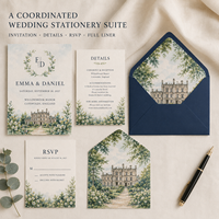 Invitation de mariage illustrée sur mesure en aquarelle, carte de mariage avec croquis du lieu et doublure d'enveloppe imprimée assortie