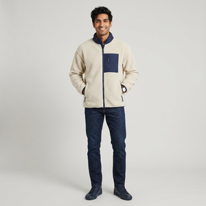 Veste coupe-vent en toile de coton 100% pour homme, automne, sherpa polaire, col montant, fermeture éclair intégrale, avec poches poitrine - Product Image 1