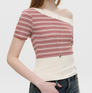Blusa Casual de Verano para Mujer, Personalizada, con Rayas <span class=keywords><strong>Rojas</strong></span> y Blancas, Hombros Descubiertos, Manga Corta, Bloques de Color, Tejido Asimétrico, Corte Ajustado - Product Image 2