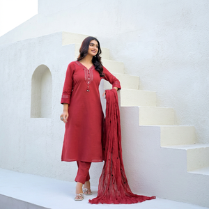Stylish <b>Womens</b> Off White 60x60 Cotton Mirror Work Suit Set with Printed <b>Kurta</b> Palazzo Trousers and Soft Dupatta <b>for</b> Festive Wear - Product Image 1
