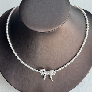 Chất lượng cao tự nhiên nước ngọt ngọc trai vòng cổ với Bowknot, độ bóng cao, không có nhược điểm, dày S925 bạc clasp, điều chỉnh chiều dài - Product Image 1