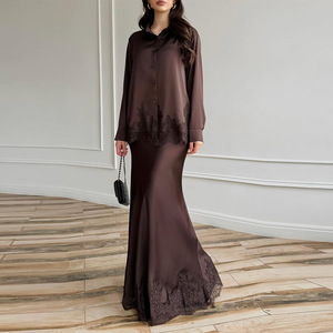 Ensemble robe longue pour femme, café, polyester, dentelle, patchwork, style décontracté, style européen, tenue longue - Product Image 1
