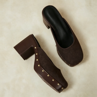 Chaussures Sabots Femme Marron en Faux Daim à Bout Carré, Ornées de Clous Dorés, à Plateforme et Talon Carré Épais, à Enfiler, Personnalisables