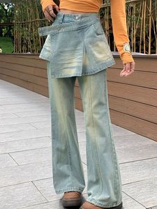 Pantalon droit taille haute rétro style industriel américain pour femme, effet deux pièces avec rideau décoratif - Product Image 5