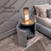 Table de chevet de luxe pour chambre principale, en placage de bois de burl, design italien, avec tiroirs imbriqués et éclairage LED intégré