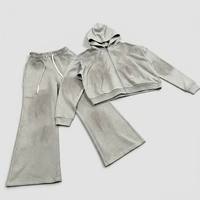 Özel tasarım kapüşonlu sweatshirt takımları Ağır Pamuklu Polar Sokak Giyim Tarzı Y2K Grunge Asit Yıkama Sprey Boya Taşlı Erkek Eşofman Takımı