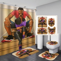American African Strong Man Sexy Lovers 4 pcs Bathroom Sets 3D Black Couple Shower Curtain with Non Slip Rugs Toilet Lid Cover