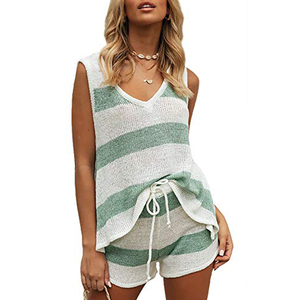 Amzn AE fb eb tiktok Shein D'été En Gros Deux Pièces Décontracté Homewear Short Rayé Pyjamas Pour Femmes - Product Image 1